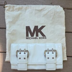 Michael Kors Glossy White Clutch with Buckle Detail
